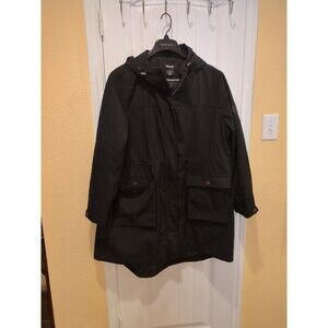 DKNY Womens Water Resistant Black Raincoat Hooded Parka Jacket, Size XXL